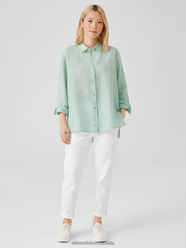 EILEEN FISHER Handkerchief Linen Classic Collar Shirt Easy Fit Long Length Women ABSINTHE Clothing 024FN96