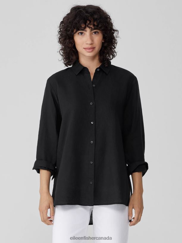 EILEEN FISHER Handkerchief Linen Classic Collar Shirt Easy Fit Long Length Women BLACK Clothing 024FN93