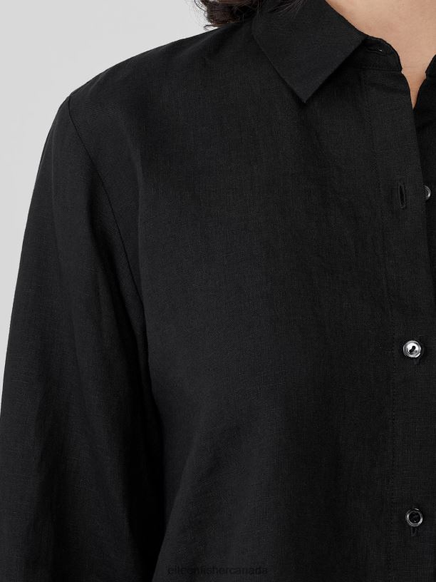 EILEEN FISHER Handkerchief Linen Classic Collar Shirt Easy Fit Long Length Women BLACK Clothing 024FN93