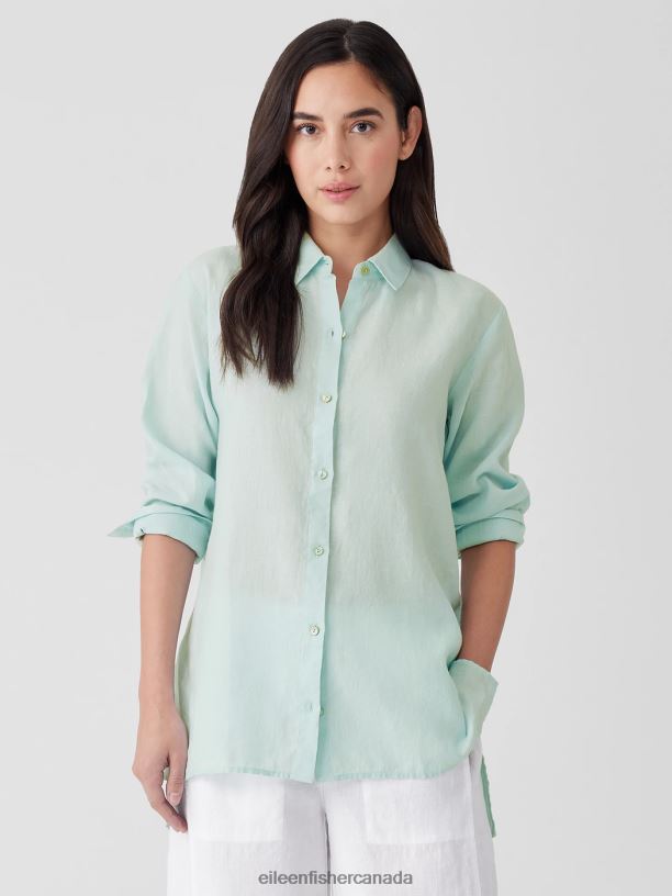 EILEEN FISHER Handkerchief Linen Classic Collar Shirt Easy Fit Long Length Women CLEARWATER Clothing 024FN92