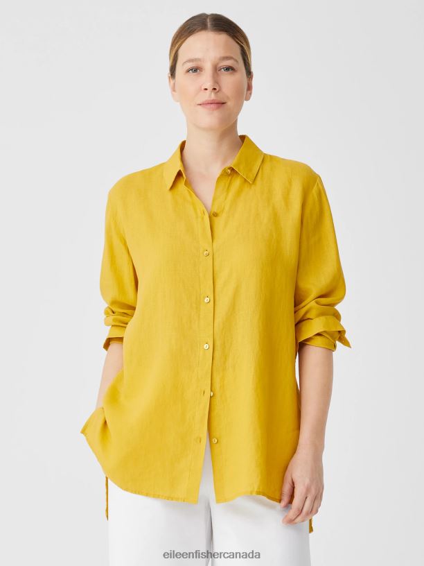EILEEN FISHER Handkerchief Linen Classic Collar Shirt Easy Fit Long Length Women LEMON DROP Clothing 024FN98