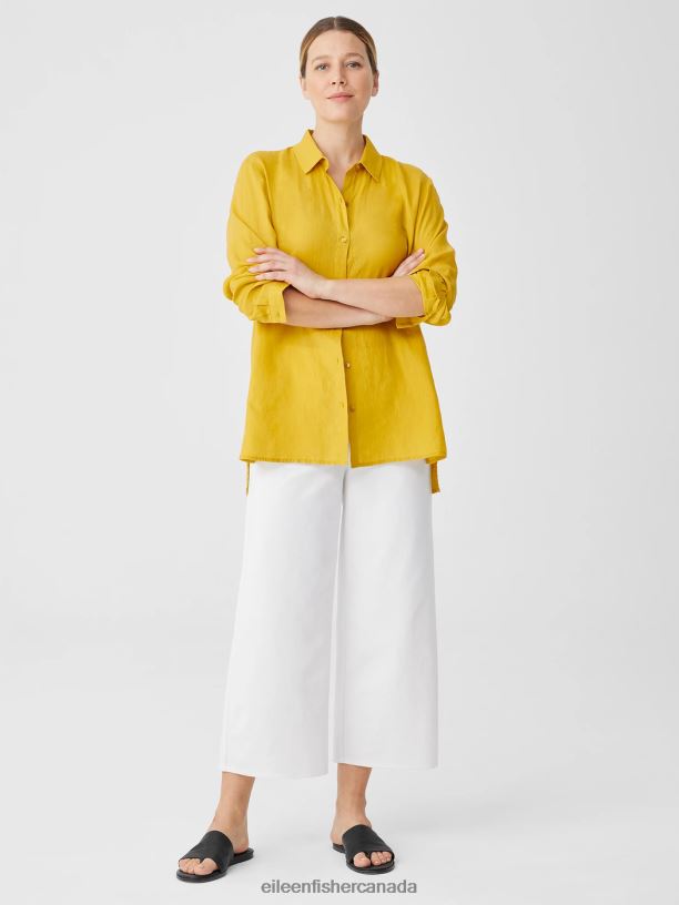 EILEEN FISHER Handkerchief Linen Classic Collar Shirt Easy Fit Long Length Women LEMON DROP Clothing 024FN98