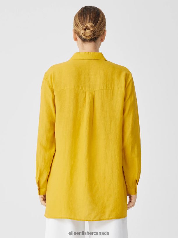 EILEEN FISHER Handkerchief Linen Classic Collar Shirt Easy Fit Long Length Women LEMON DROP Clothing 024FN98