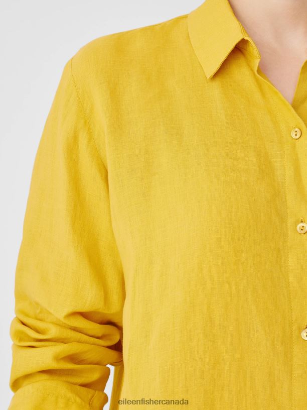 EILEEN FISHER Handkerchief Linen Classic Collar Shirt Easy Fit Long Length Women LEMON DROP Clothing 024FN98