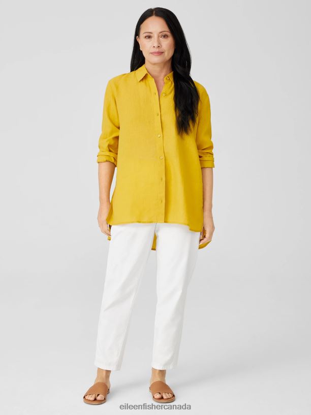 EILEEN FISHER Handkerchief Linen Classic Collar Shirt Easy Fit Long Length Women LEMON DROP Clothing 024FN98