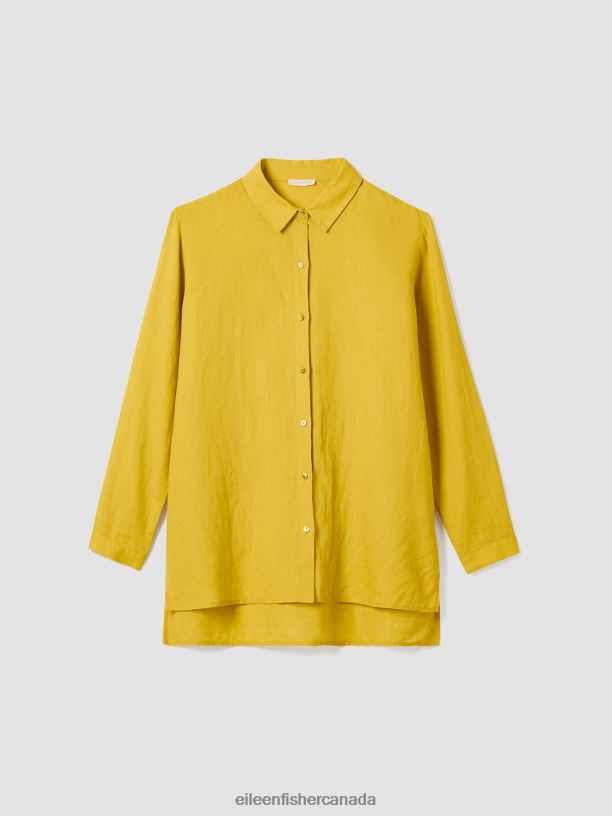 EILEEN FISHER Handkerchief Linen Classic Collar Shirt Easy Fit Long Length Women LEMON DROP Clothing 024FN98