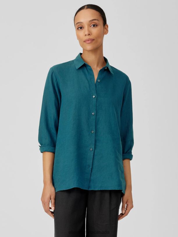 EILEEN FISHER Handkerchief Linen Classic Collar Shirt Easy Fit Long Length Women PACIFICA Clothing 024FN97