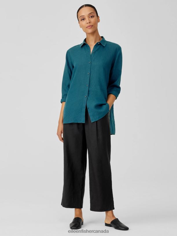 EILEEN FISHER Handkerchief Linen Classic Collar Shirt Easy Fit Long Length Women PACIFICA Clothing 024FN97