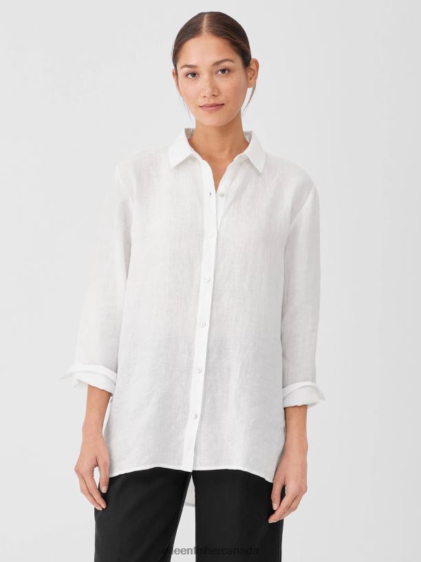 EILEEN FISHER Handkerchief Linen Classic Collar Shirt Easy Fit Long Length Women WHITE Clothing 024FN94