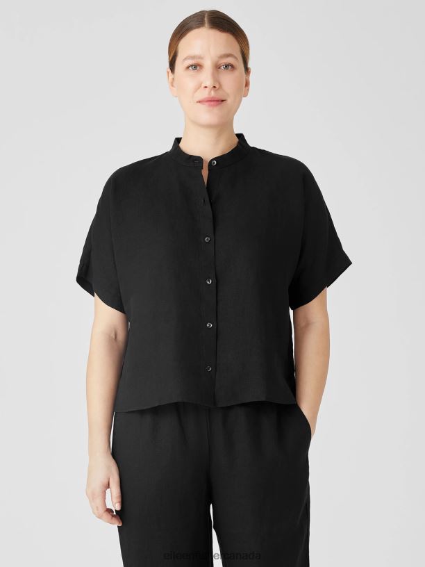 EILEEN FISHER Handkerchief Linen Short-Sleeve Shirt Boxy Fit Short Length Women BLACK Clothing 024FN87