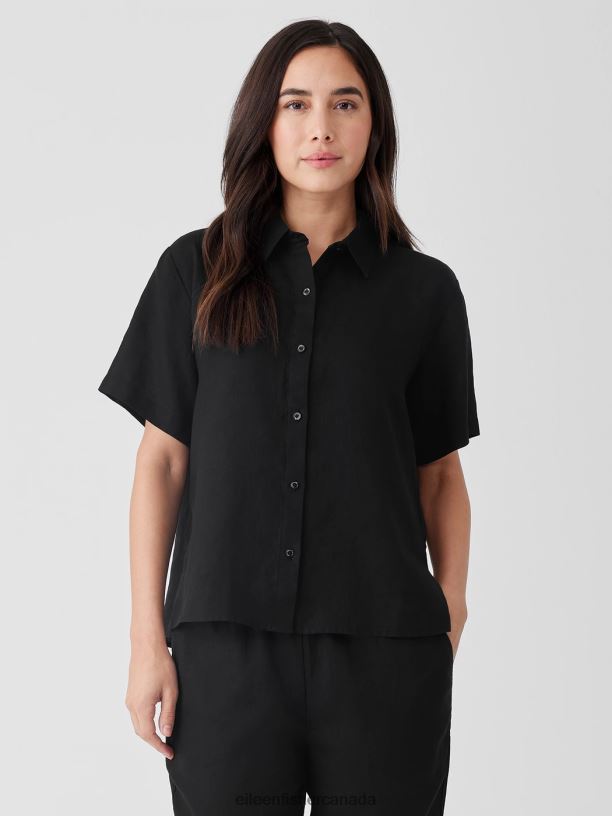 EILEEN FISHER Handkerchief Linen Short-Sleeve Shirt Easy Fit Basic Length Women BLACK Clothing 024FN91