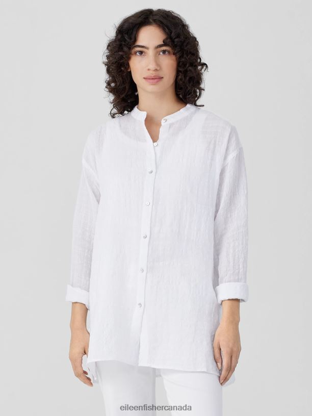 EILEEN FISHER Linen Cotton Sheer Check Mandarin Collar Shirt Boxy Fit Thigh Length Women WHITE Clothing 024FN193