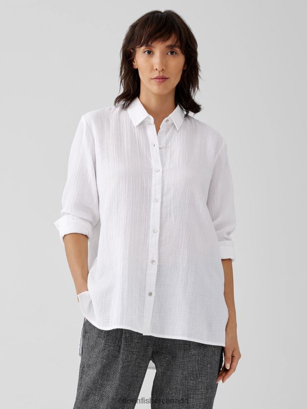 EILEEN FISHER Organic Cotton Ripple Classic Collar Shirt Easy Fit Long Length Women WHITE Clothing 024FN192