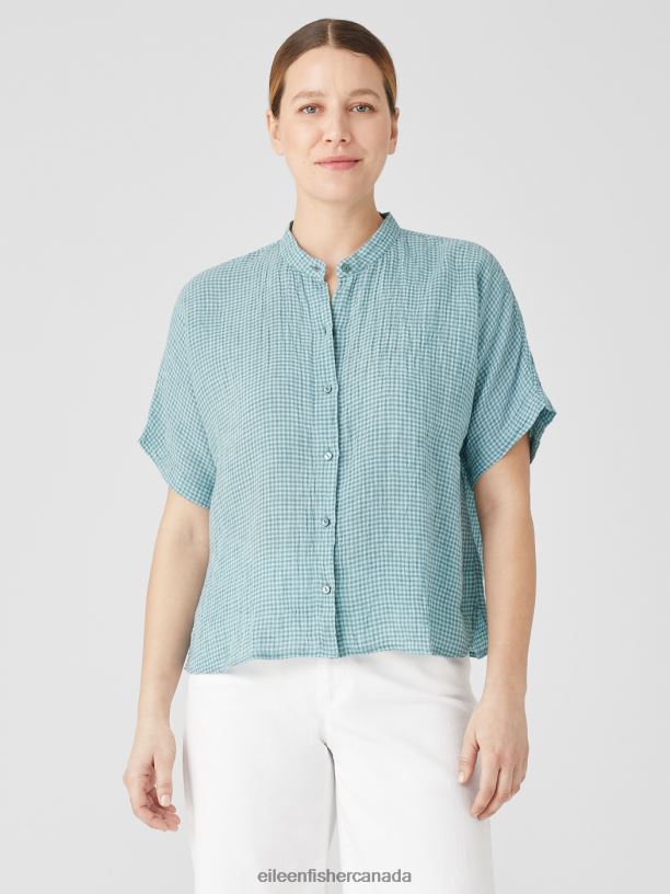 EILEEN FISHER Puckered Organic Linen Short-Sleeve Shirt Boxy Fit Short Length Women BLACK Clothing 024FN109