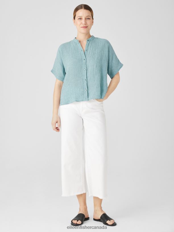 EILEEN FISHER Puckered Organic Linen Short-Sleeve Shirt Boxy Fit Short Length Women BLACK Clothing 024FN109