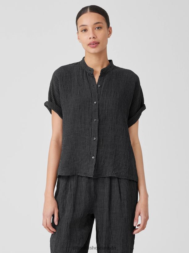 EILEEN FISHER Puckered Organic Linen Short-Sleeve Shirt Boxy Fit Short Length Women BLACK Clothing 024FN110