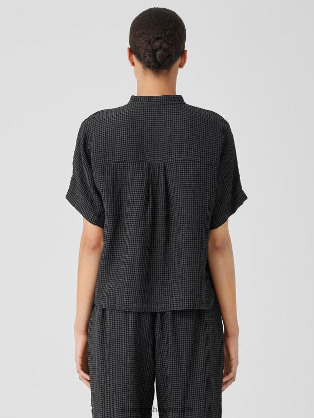 EILEEN FISHER Puckered Organic Linen Short-Sleeve Shirt Boxy Fit Short Length Women BLACK Clothing 024FN110