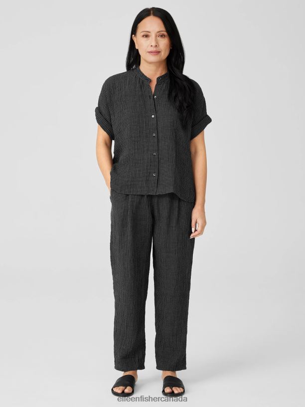EILEEN FISHER Puckered Organic Linen Short-Sleeve Shirt Boxy Fit Short Length Women BLACK Clothing 024FN110