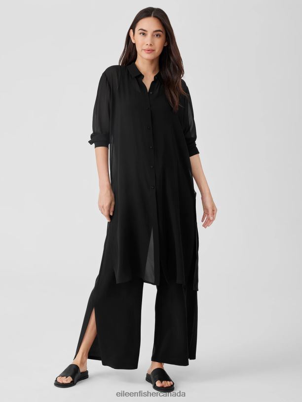 EILEEN FISHER Sheer Silk Georgette Classic Collar Long Shirt Easy Fit Calf Length Women BLACK Clothing 024FN163