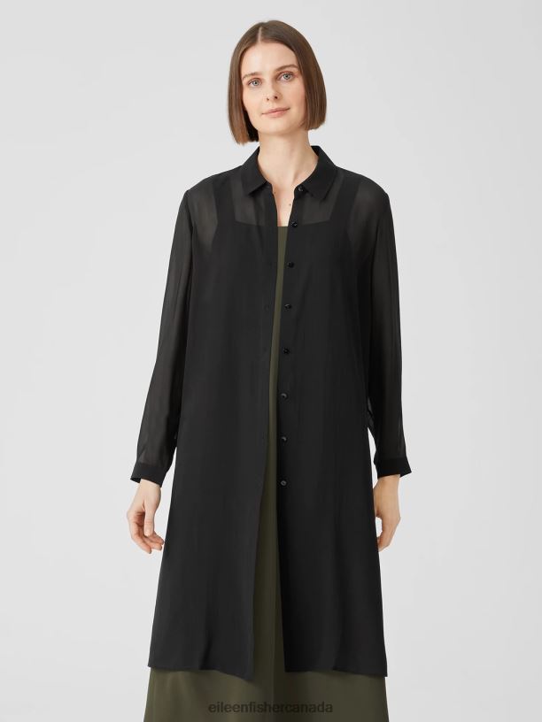 EILEEN FISHER Sheer Silk Georgette Classic Collar Long Shirt Easy Fit Calf Length Women BLACK Clothing 024FN371