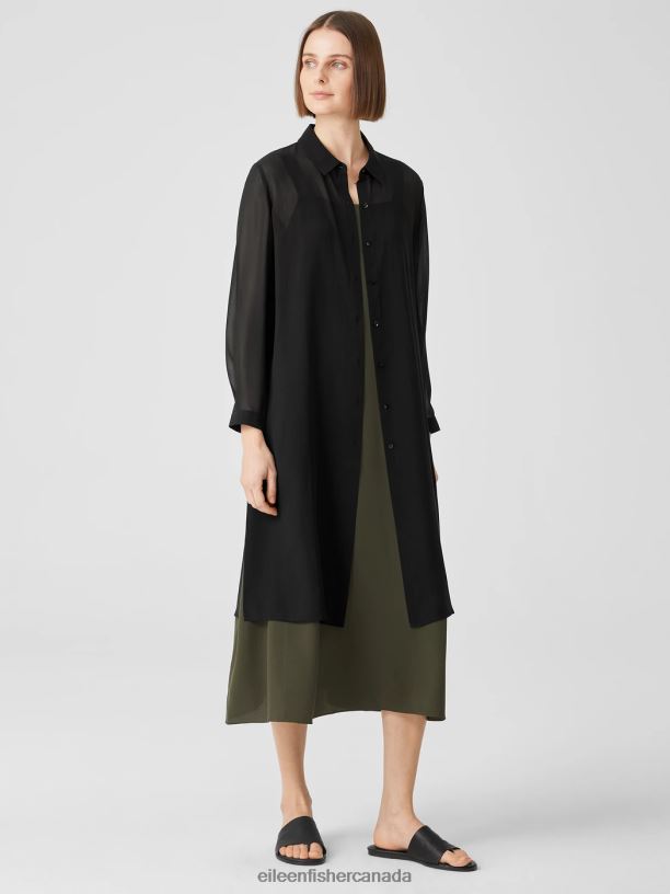 EILEEN FISHER Sheer Silk Georgette Classic Collar Long Shirt Easy Fit Calf Length Women BLACK Clothing 024FN371