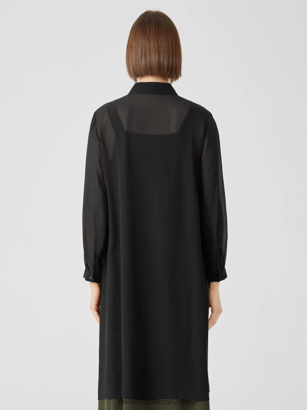 EILEEN FISHER Sheer Silk Georgette Classic Collar Long Shirt Easy Fit Calf Length Women BLACK Clothing 024FN371