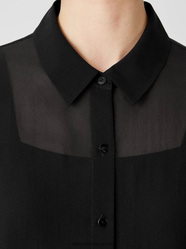 EILEEN FISHER Sheer Silk Georgette Classic Collar Long Shirt Easy Fit Calf Length Women BLACK Clothing 024FN371