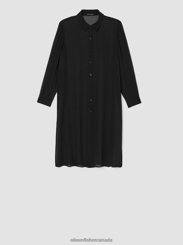 EILEEN FISHER Sheer Silk Georgette Classic Collar Long Shirt Easy Fit Calf Length Women BLACK Clothing 024FN371