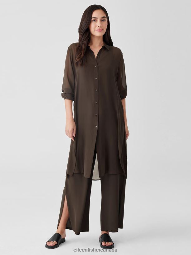 EILEEN FISHER Sheer Silk Georgette Classic Collar Long Shirt Easy Fit Calf Length Women ESPRESSO Clothing 024FN164