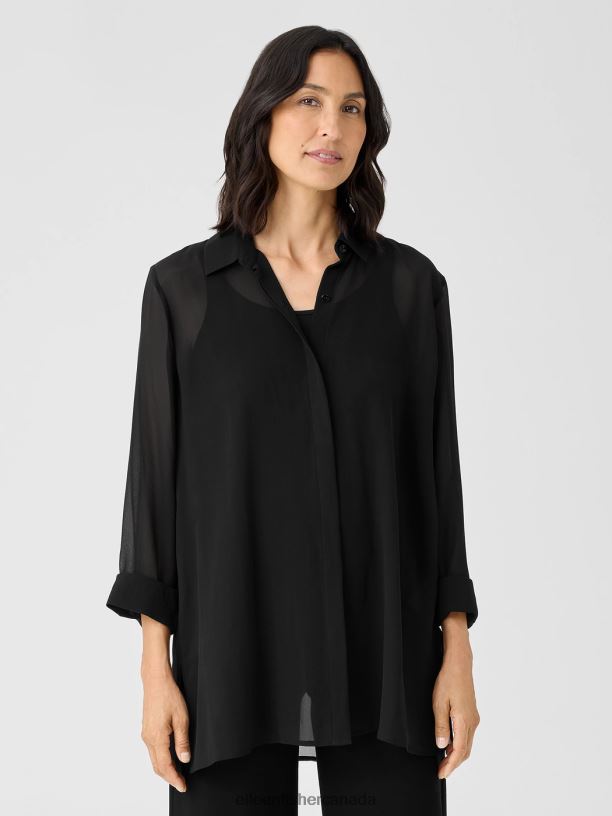 EILEEN FISHER Sheer Silk Georgette Classic Collar Shirt Easy Fit Thigh Length Women BLACK Clothing 024FN297