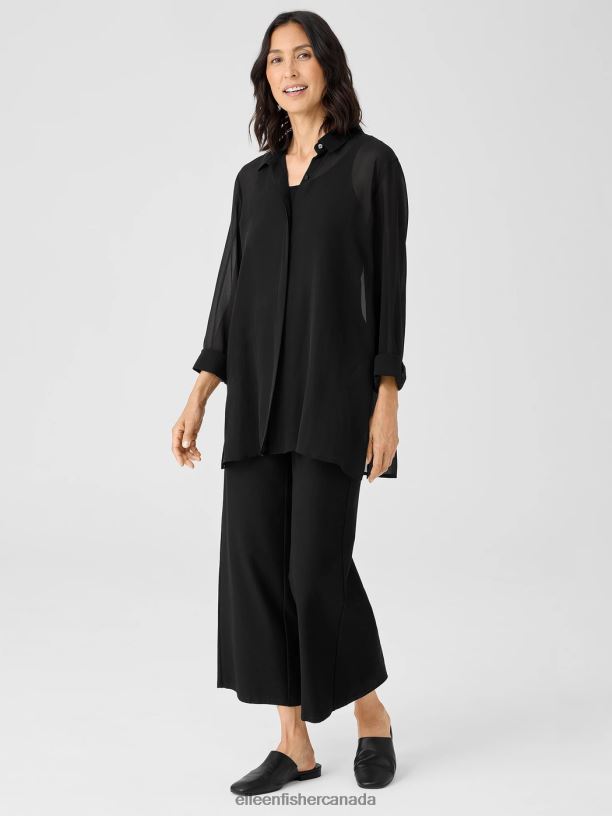 EILEEN FISHER Sheer Silk Georgette Classic Collar Shirt Easy Fit Thigh Length Women BLACK Clothing 024FN297