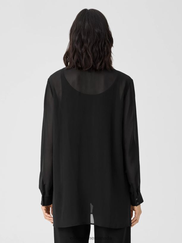 EILEEN FISHER Sheer Silk Georgette Classic Collar Shirt Easy Fit Thigh Length Women BLACK Clothing 024FN297