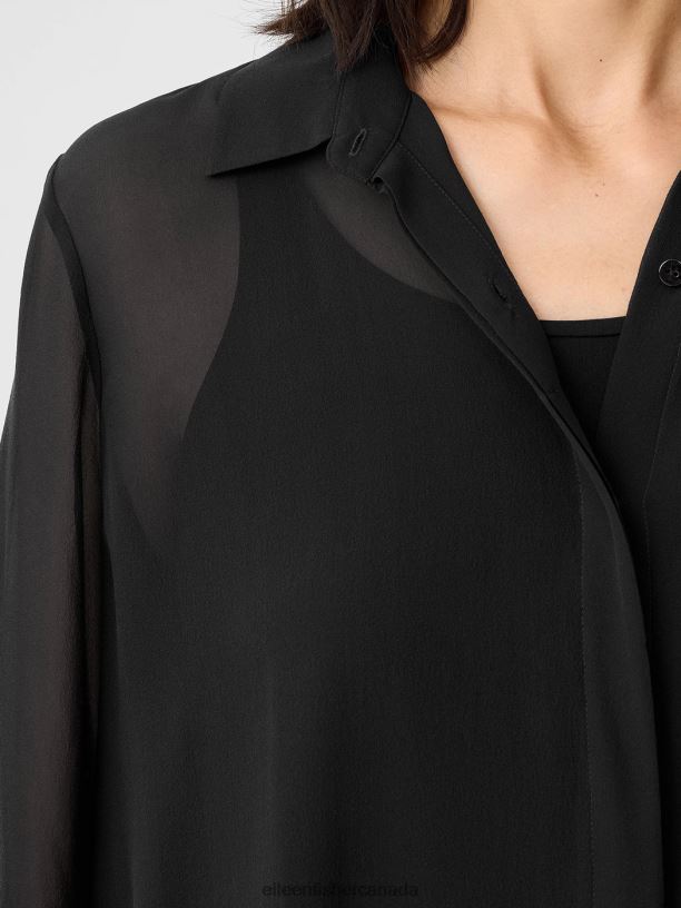 EILEEN FISHER Sheer Silk Georgette Classic Collar Shirt Easy Fit Thigh Length Women BLACK Clothing 024FN297