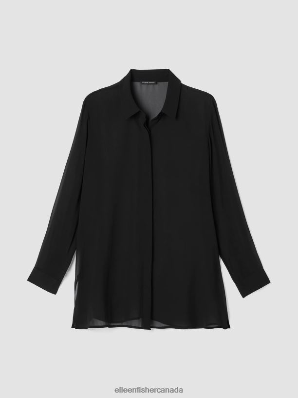 EILEEN FISHER Sheer Silk Georgette Classic Collar Shirt Easy Fit Thigh Length Women BLACK Clothing 024FN297