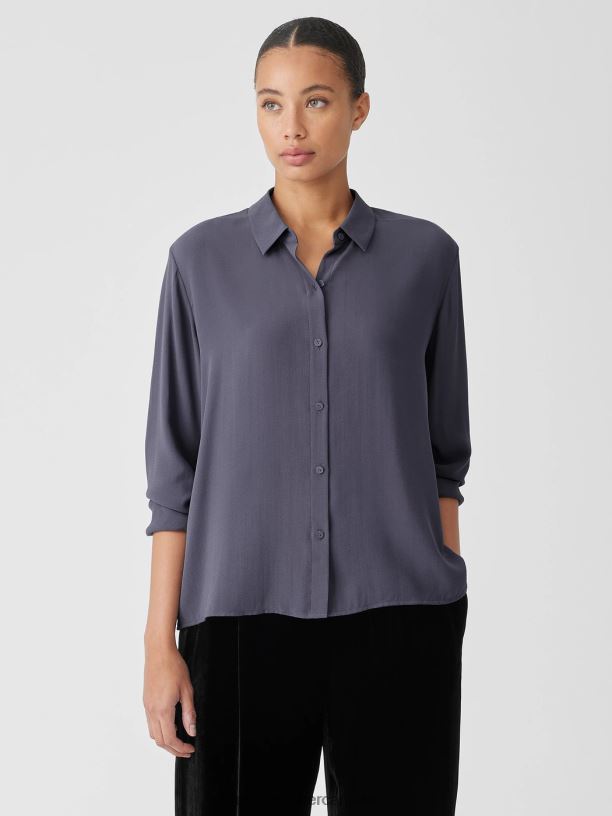 EILEEN FISHER Silk Georgette Crepe Classic Collar Shirt Easy Fit Basic Length Women BLACK Clothing 024FN177