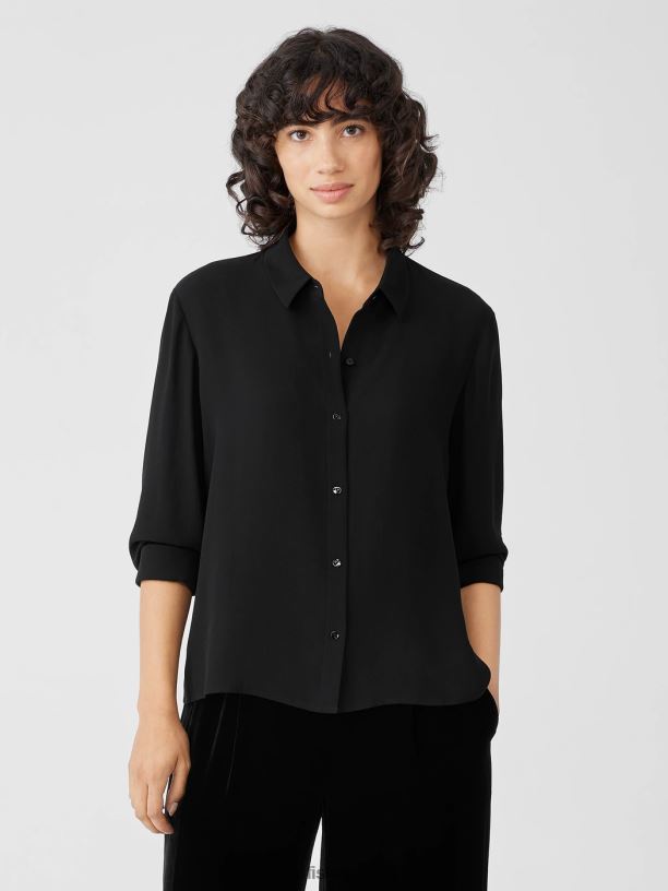 EILEEN FISHER Silk Georgette Crepe Classic Collar Shirt Easy Fit Basic Length Women BLACK Clothing 024FN178