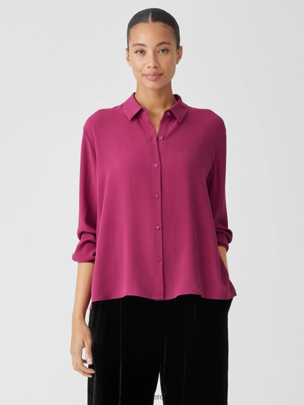 EILEEN FISHER Silk Georgette Crepe Classic Collar Shirt Easy Fit Basic Length Women MAGENTA Clothing 024FN179