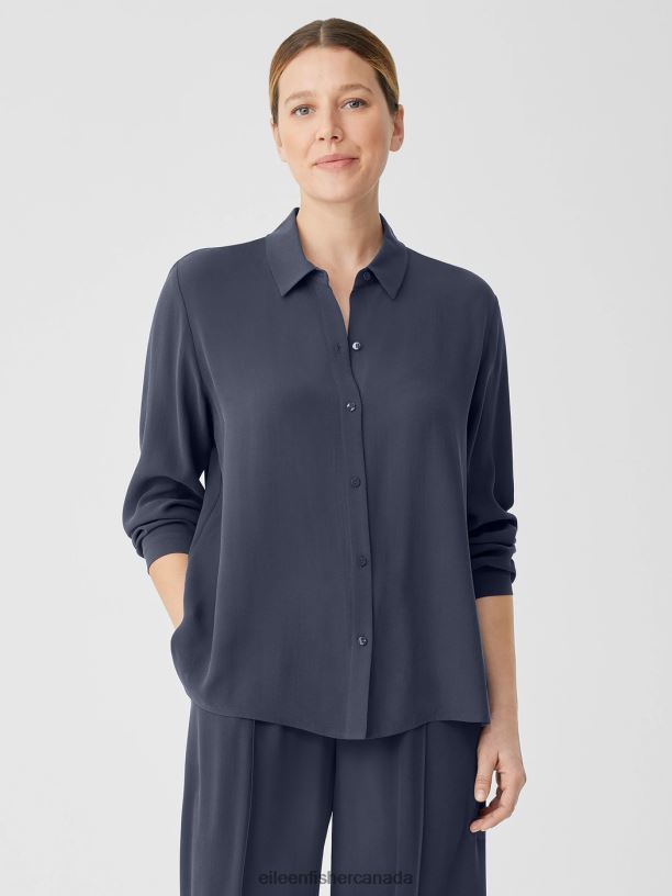 EILEEN FISHER Silk Georgette Crepe Classic Collar Shirt Easy Fit Basic Length Women OCEAN Clothing 024FN171