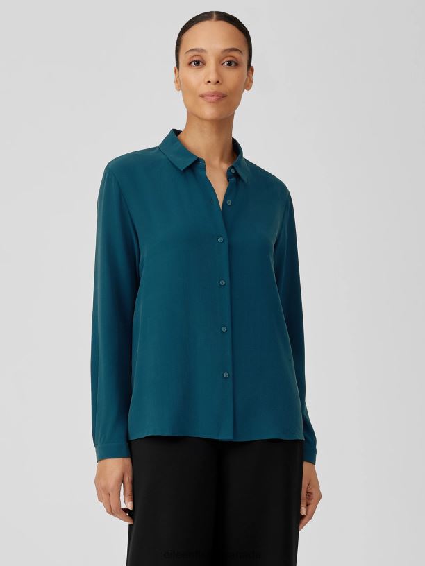 EILEEN FISHER Silk Georgette Crepe Classic Collar Shirt Easy Fit Basic Length Women PACIFICA Clothing 024FN172