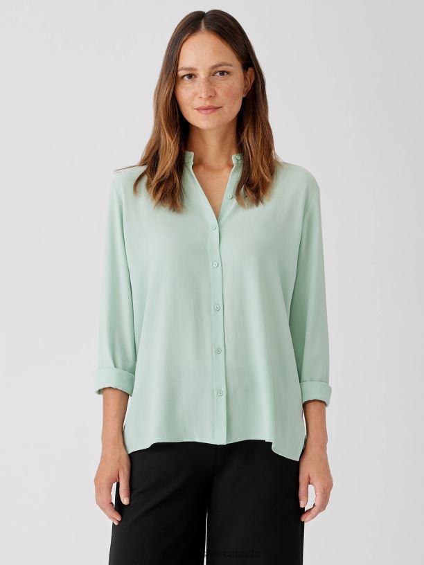 EILEEN FISHER Silk Georgette Crepe Mandarin Collar Shirt Easy Fit Long Length Women ABSINTHE Clothing 024FN176