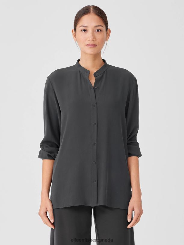 EILEEN FISHER Silk Georgette Crepe Mandarin Collar Shirt Easy Fit Long Length Women GRAPHITE Clothing 024FN175
