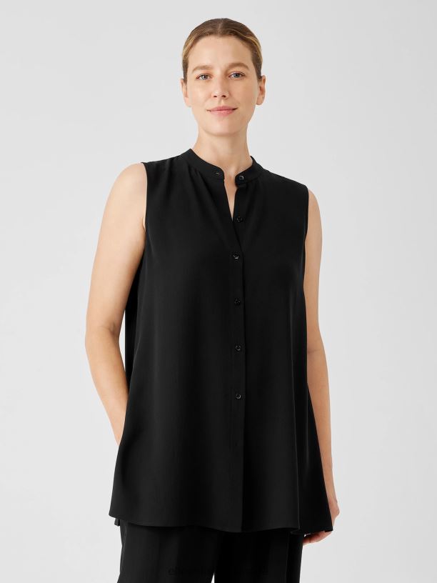 EILEEN FISHER Silk Georgette Crepe Sleeveless Shirt Easy Fit Long Length Women BLACK Clothing 024FN181