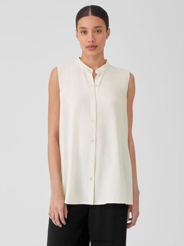 EILEEN FISHER Silk Georgette Crepe Sleeveless Shirt Easy Fit Long Length Women BONE Clothing 024FN182