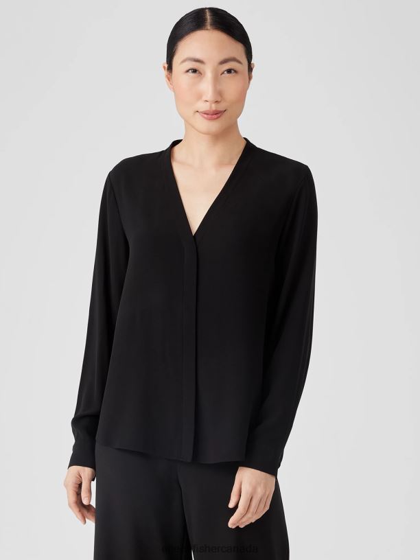 EILEEN FISHER Silk Georgette Crepe V-Neck Shirt Easy Fit Basic Length Women BLACK Clothing 024FN298