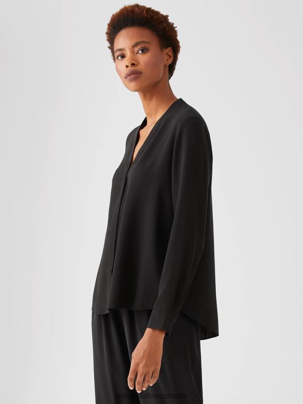 EILEEN FISHER Silk Georgette Crepe V-Neck Shirt Easy Fit Basic Length Women BLACK Clothing 024FN365