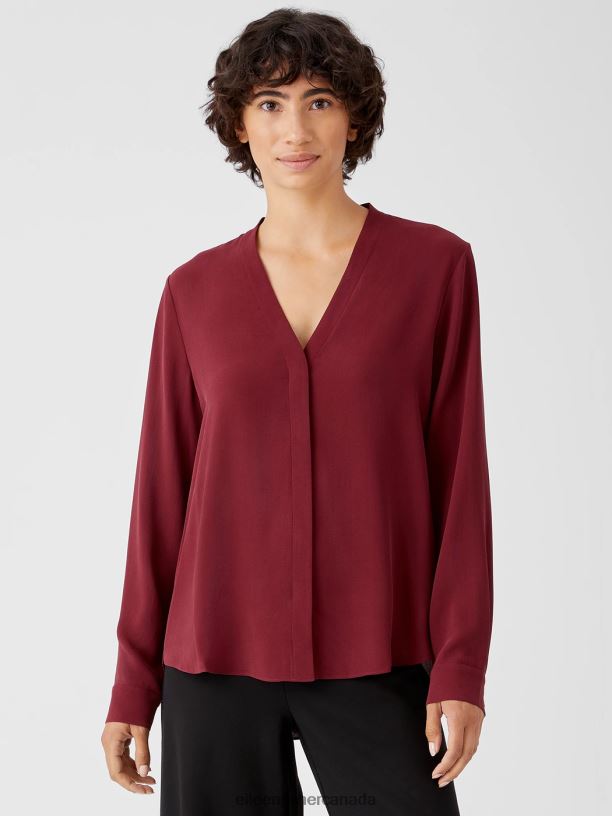 EILEEN FISHER Silk Georgette Crepe V-Neck Shirt Easy Fit Basic Length Women DARK CRANBERRY Clothing 024FN299