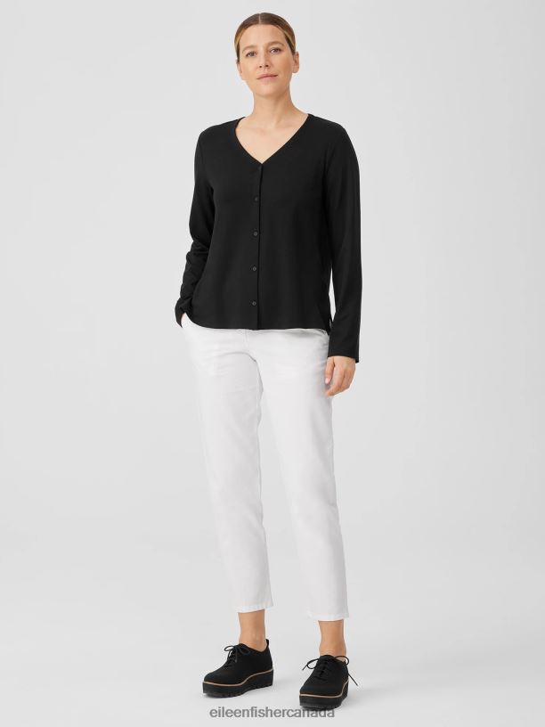 EILEEN FISHER Stretch Jersey Knit V-Neck Shirt Easy Fit Basic Length Women BLACK Clothing 024FN210