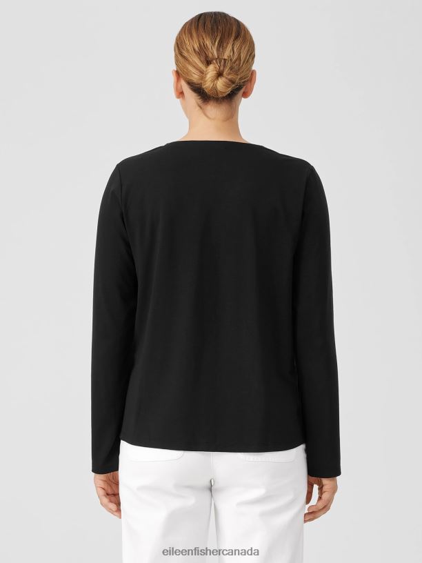 EILEEN FISHER Stretch Jersey Knit V-Neck Shirt Easy Fit Basic Length Women BLACK Clothing 024FN210
