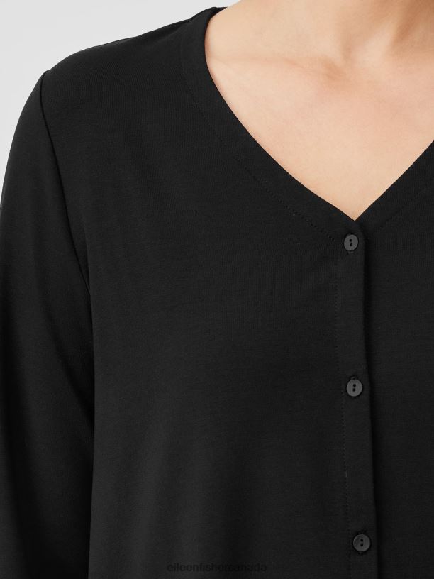 EILEEN FISHER Stretch Jersey Knit V-Neck Shirt Easy Fit Basic Length Women BLACK Clothing 024FN210