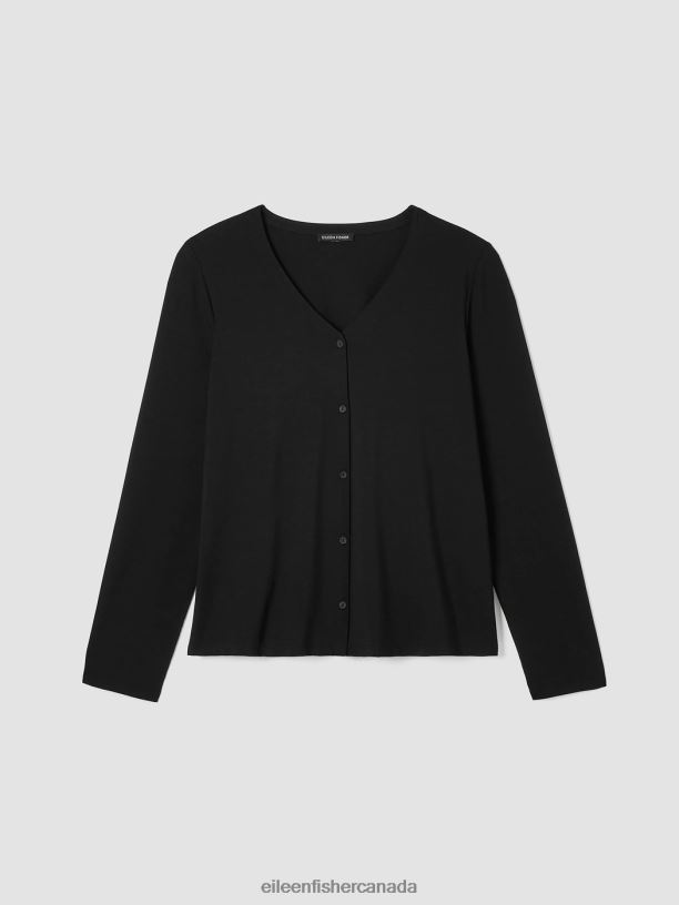 EILEEN FISHER Stretch Jersey Knit V-Neck Shirt Easy Fit Basic Length Women BLACK Clothing 024FN210